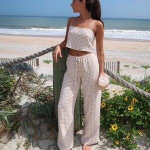 Gingham Linen Blend Pull-On Pant